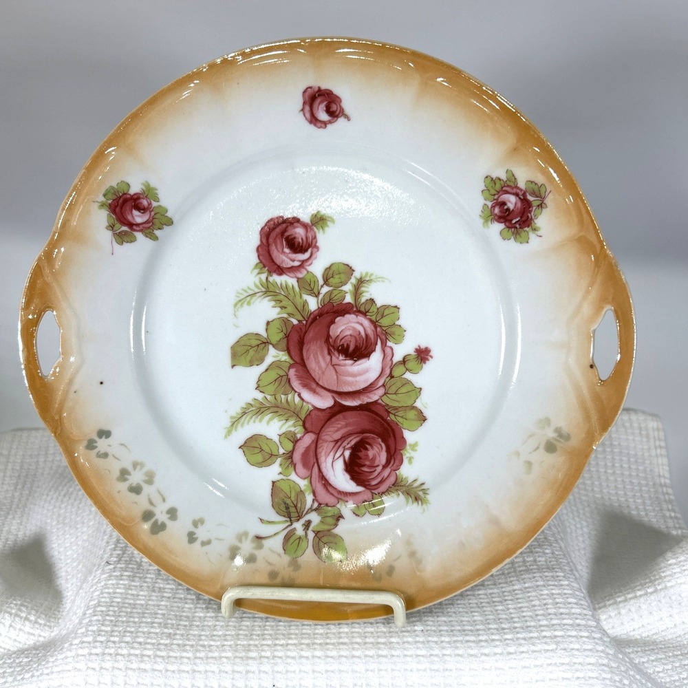 Vintage Cake Plate Pink and Yellow Roses Peach Luster with Handles Germany